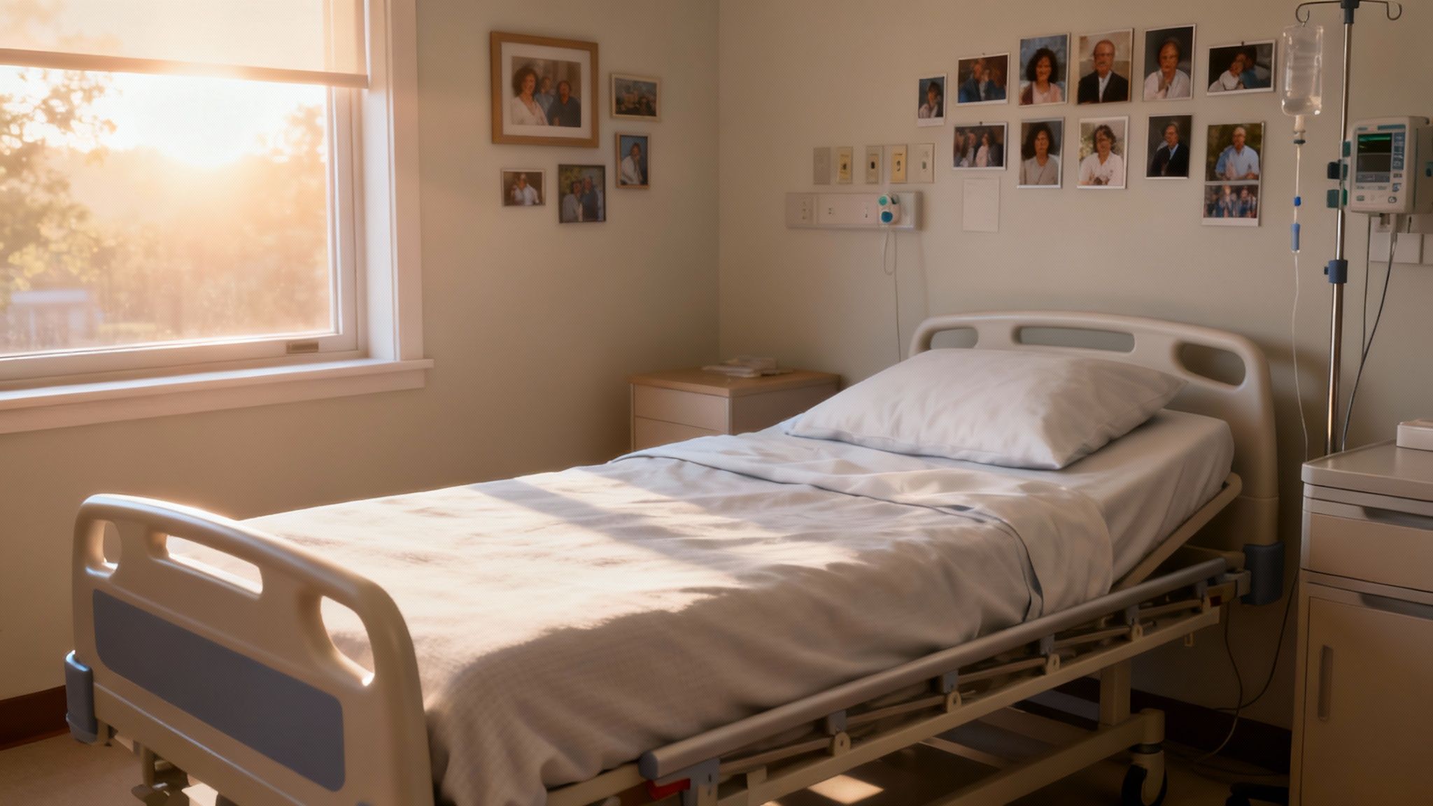 A hospice nurse provides care to a smiling patient sitting in a comfortable chair at home.
