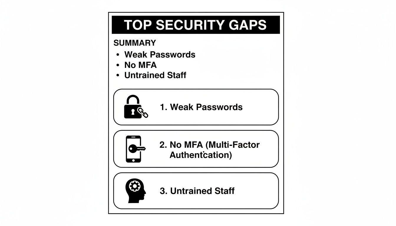 A diagram outlining top security gaps, listing weak passwords, no MFA, and untrained staff.