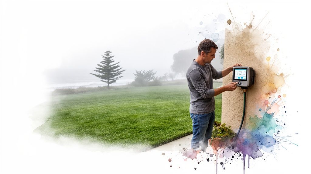Man adjusting a smart lawn irrigation system on a house wall, with a green yard and foggy background.