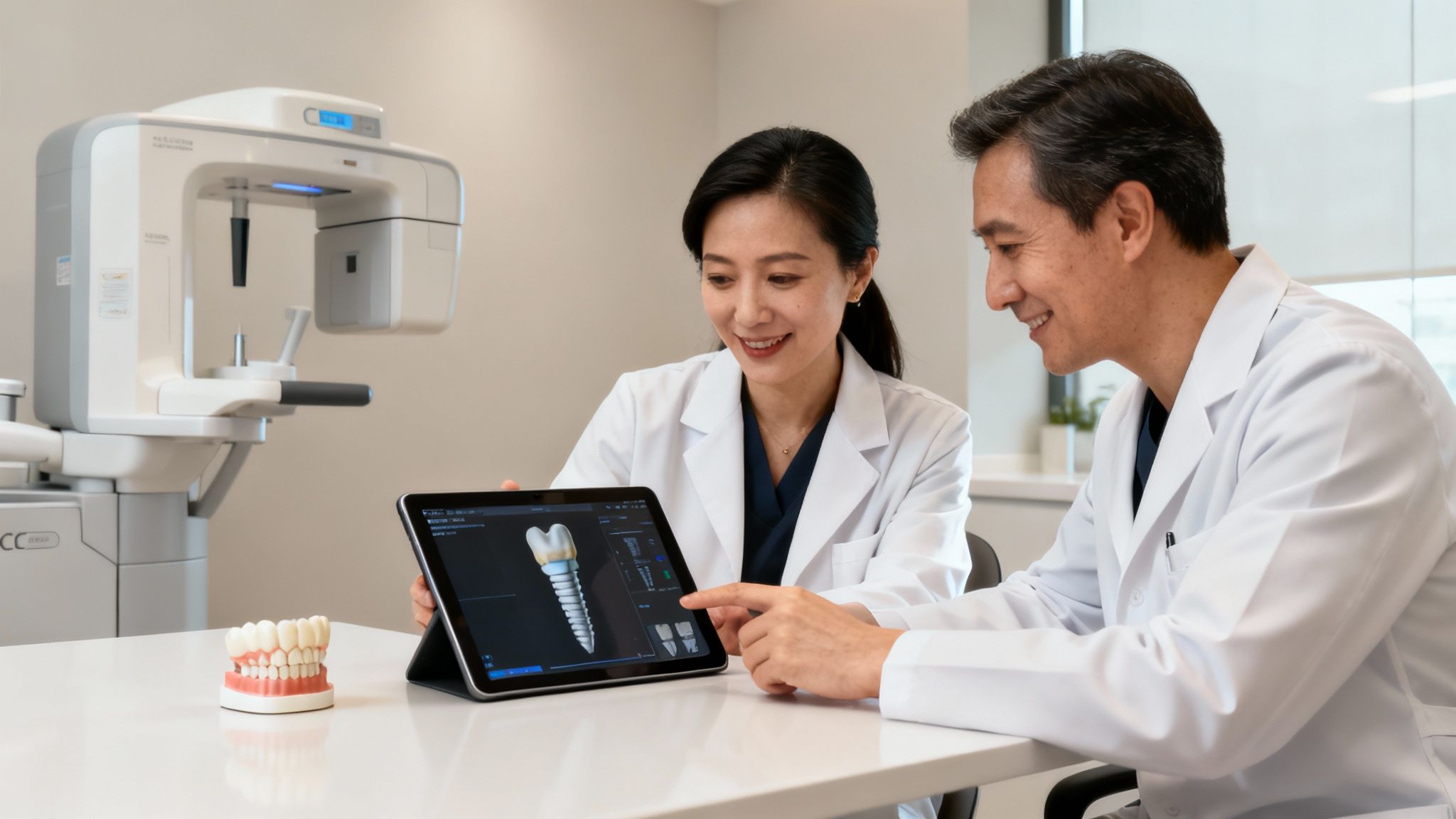 Two smiling dentists discuss a 3D dental implant model on a tablet in a modern clinic.