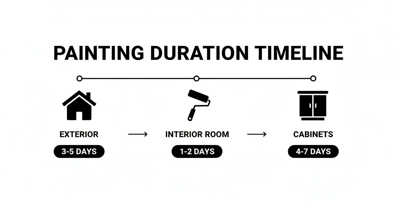 A painting duration timeline illustrating estimated completion times for exterior, interior room, and a full set of cabinets.