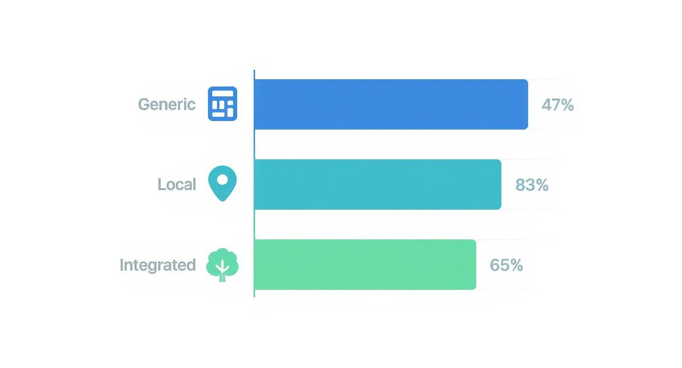Horizontal bar chart comparing Generic (47%), Local (83%), and Integrated (65%) categories with icons.