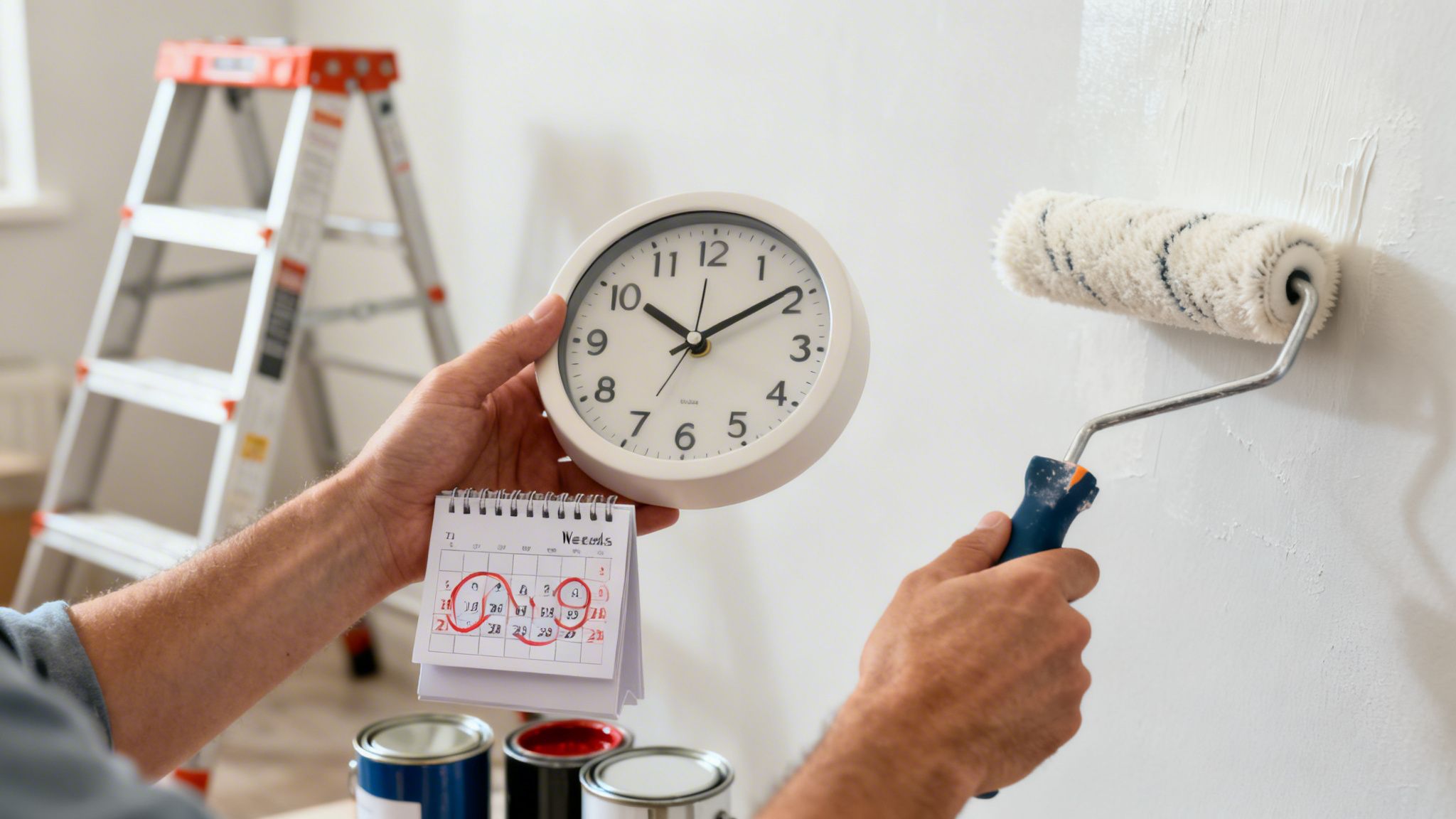 Person manages time with a clock and calendar while painting a wall with a roller.