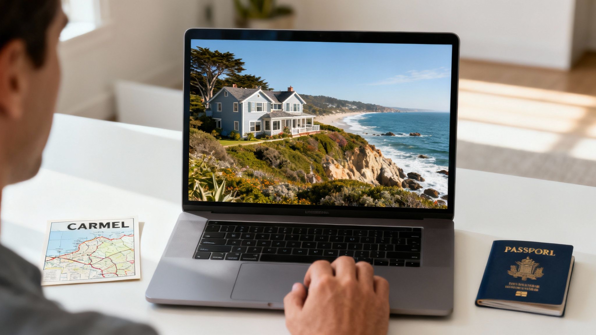 Rows of colorful houses on a hill in Monterey Bay.