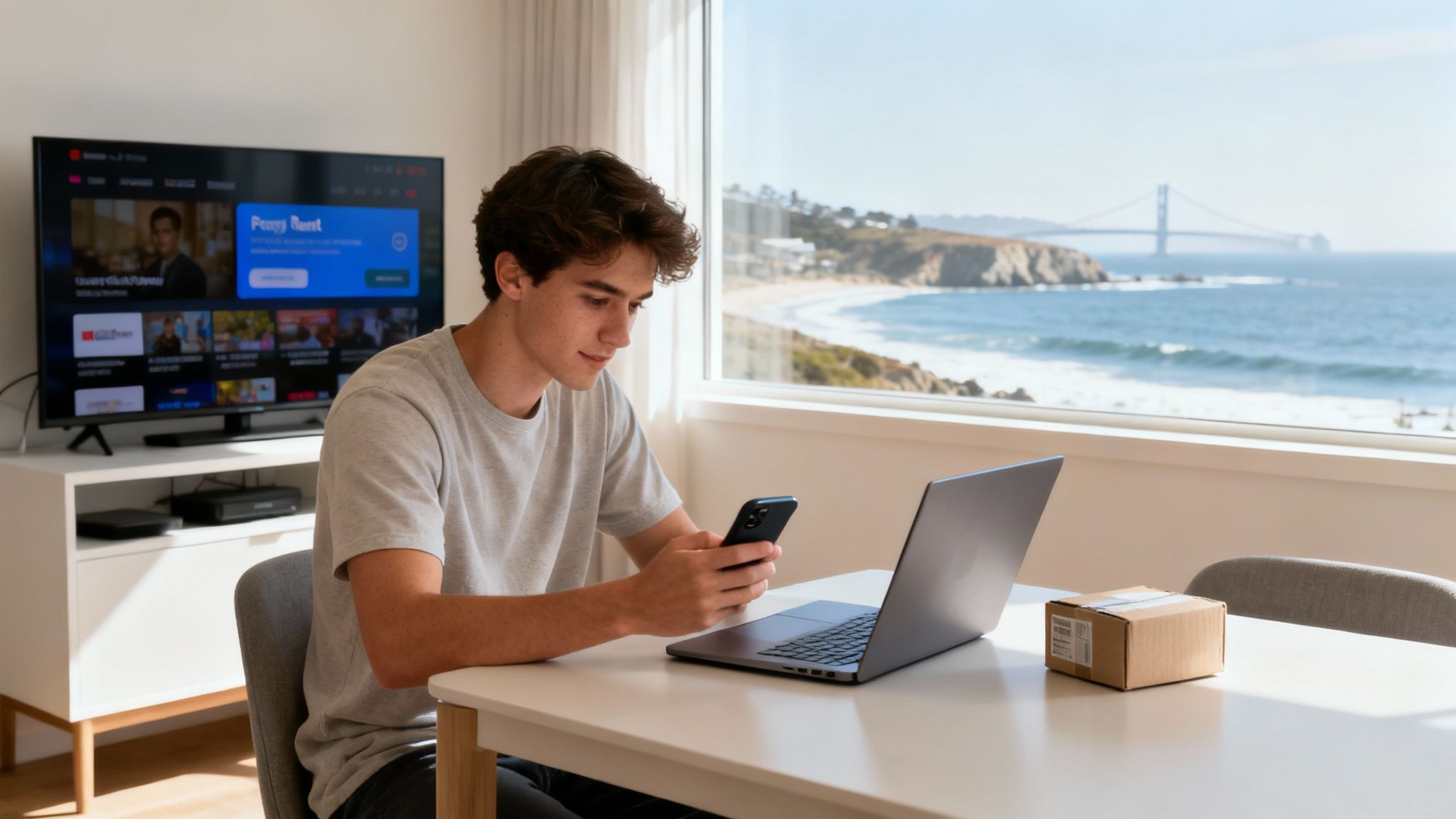 A property manager shows a smiling tenant a feature on a tablet inside a modern apartment.