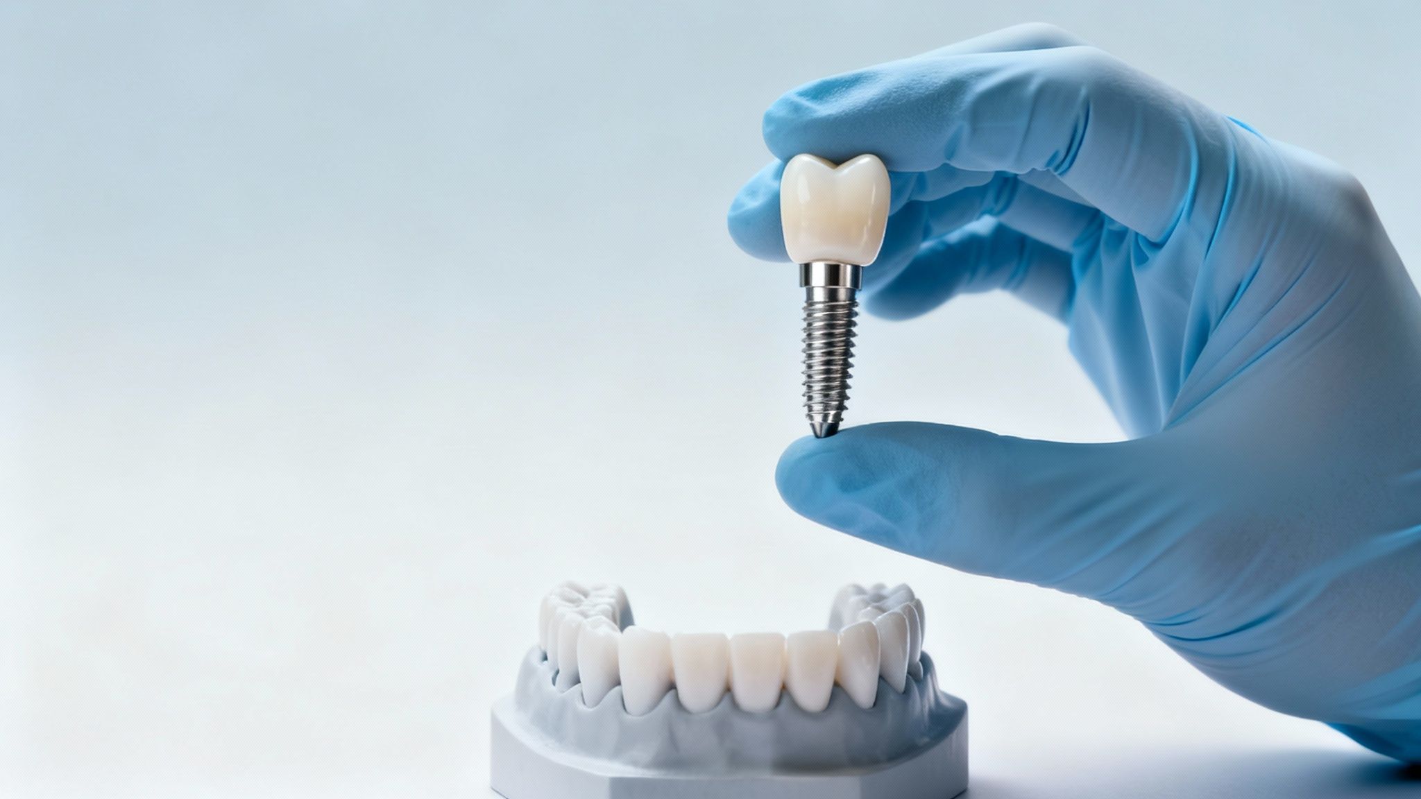 A gloved hand holds a dental implant over a model of teeth, showcasing modern dentistry.