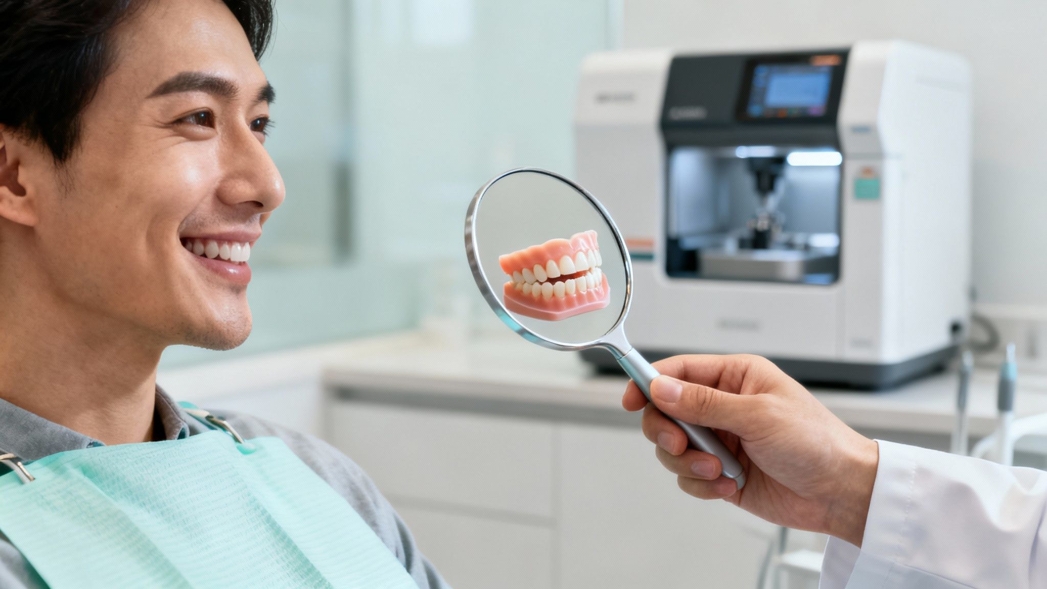 Smiling patient in a dental clinic looks at a reflection of dental implants in a mirror.