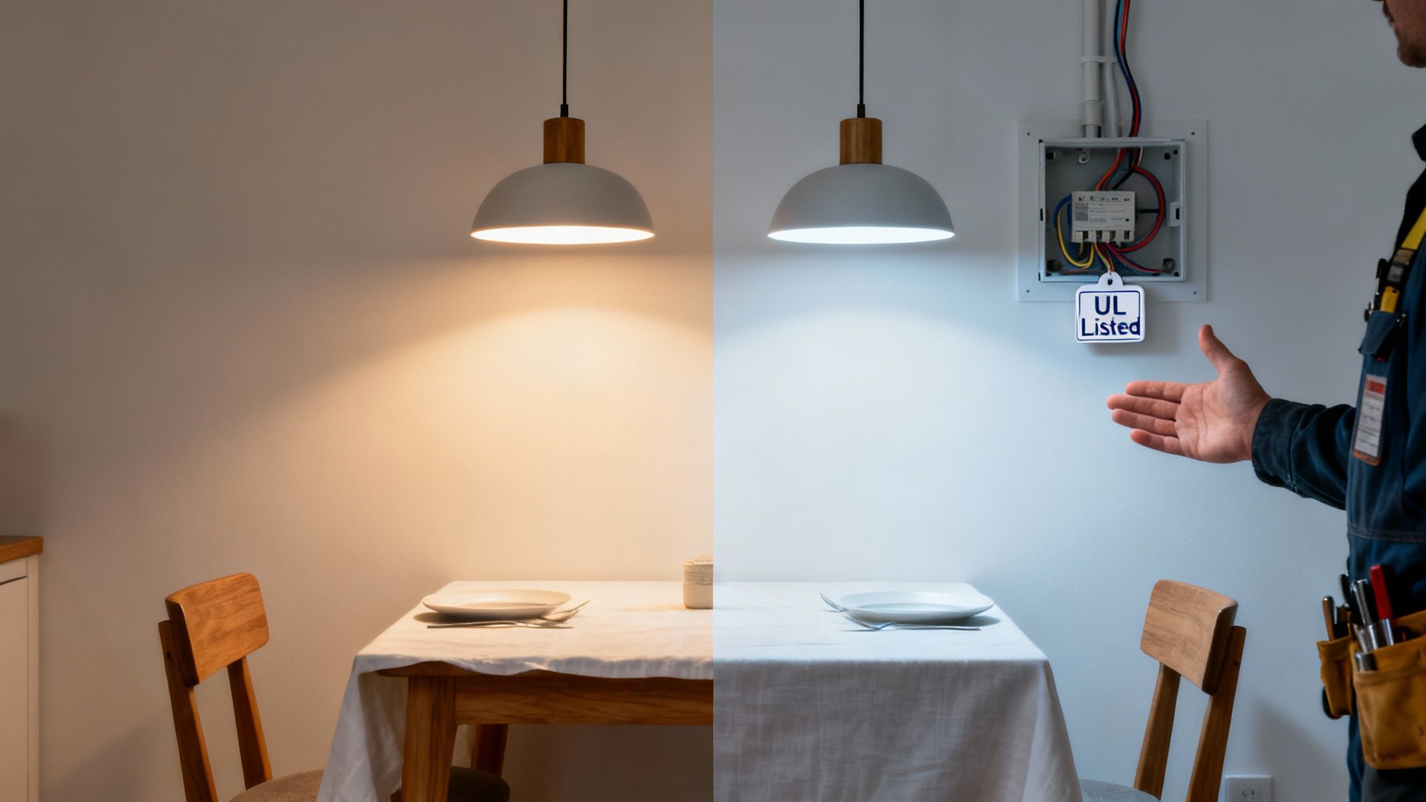 Split image: warm lighting on left, cool lighting on right from pendant lamp, with electrician and UL tag.