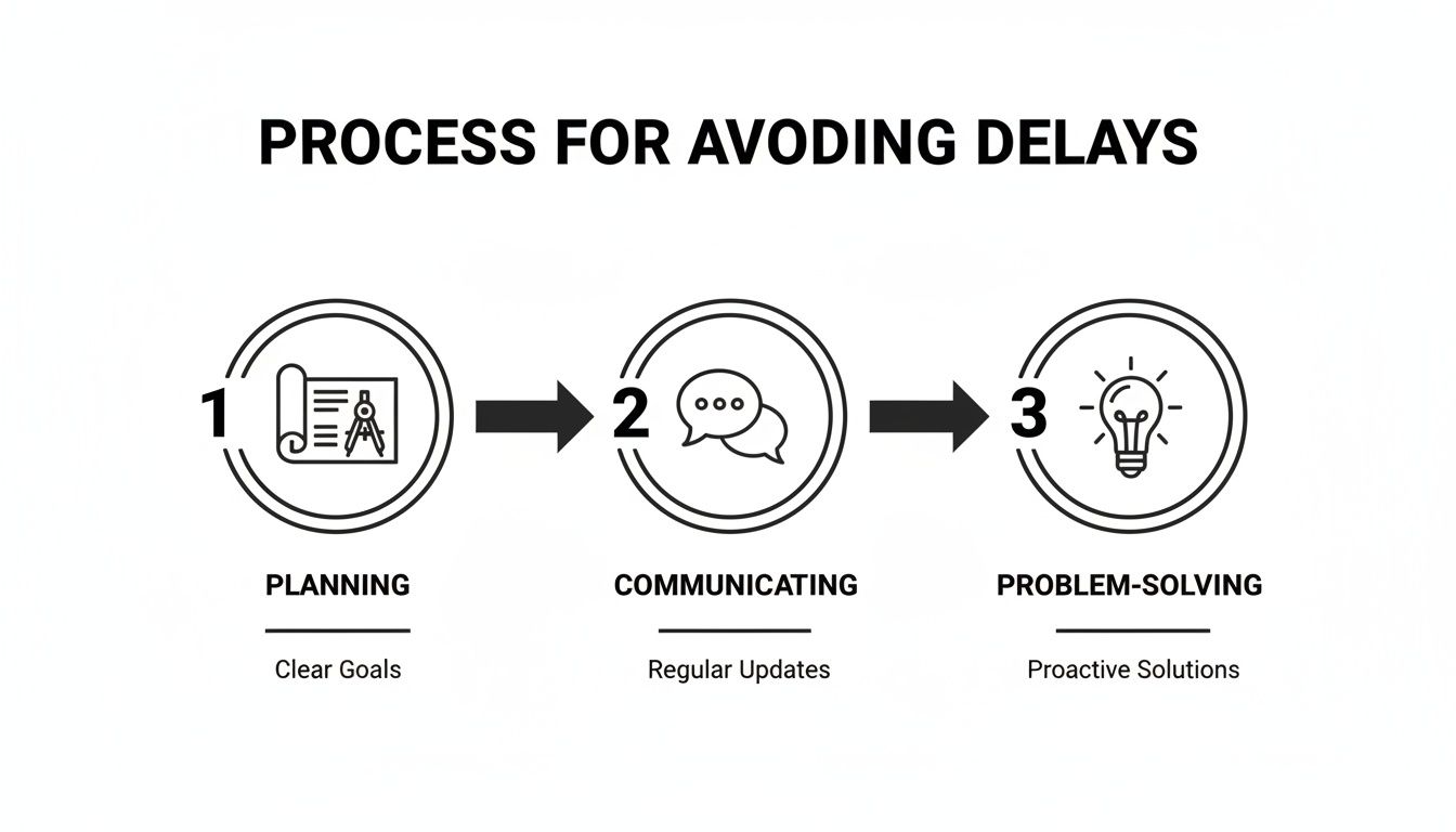 Infographic showing a 3-step process to avoid delays: Planning, Communicating, and Problem-Solving.