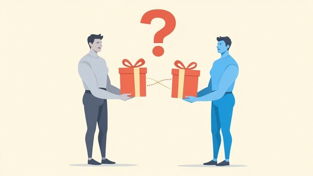 A visual representation of a successful referral program, showing a happy customer recommending a service to a friend, leading to a new sale.