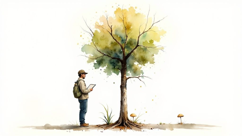A man in a cap and backpack holds a tablet, standing by a watercolor-painted tree.