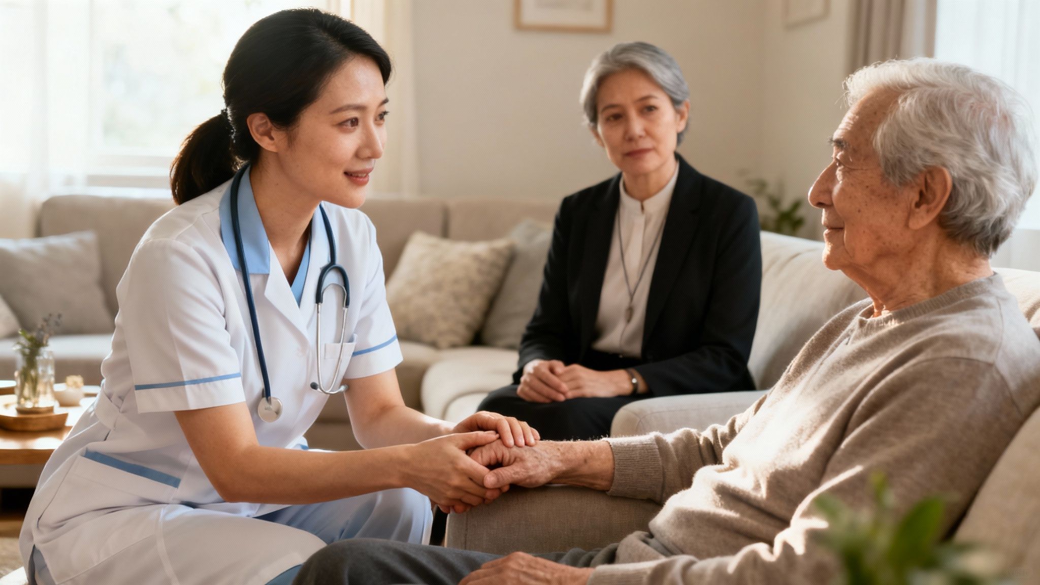 A compassionate Asian nurse comforts an elderly man, holding his hand during a home visit, with a woman observing.