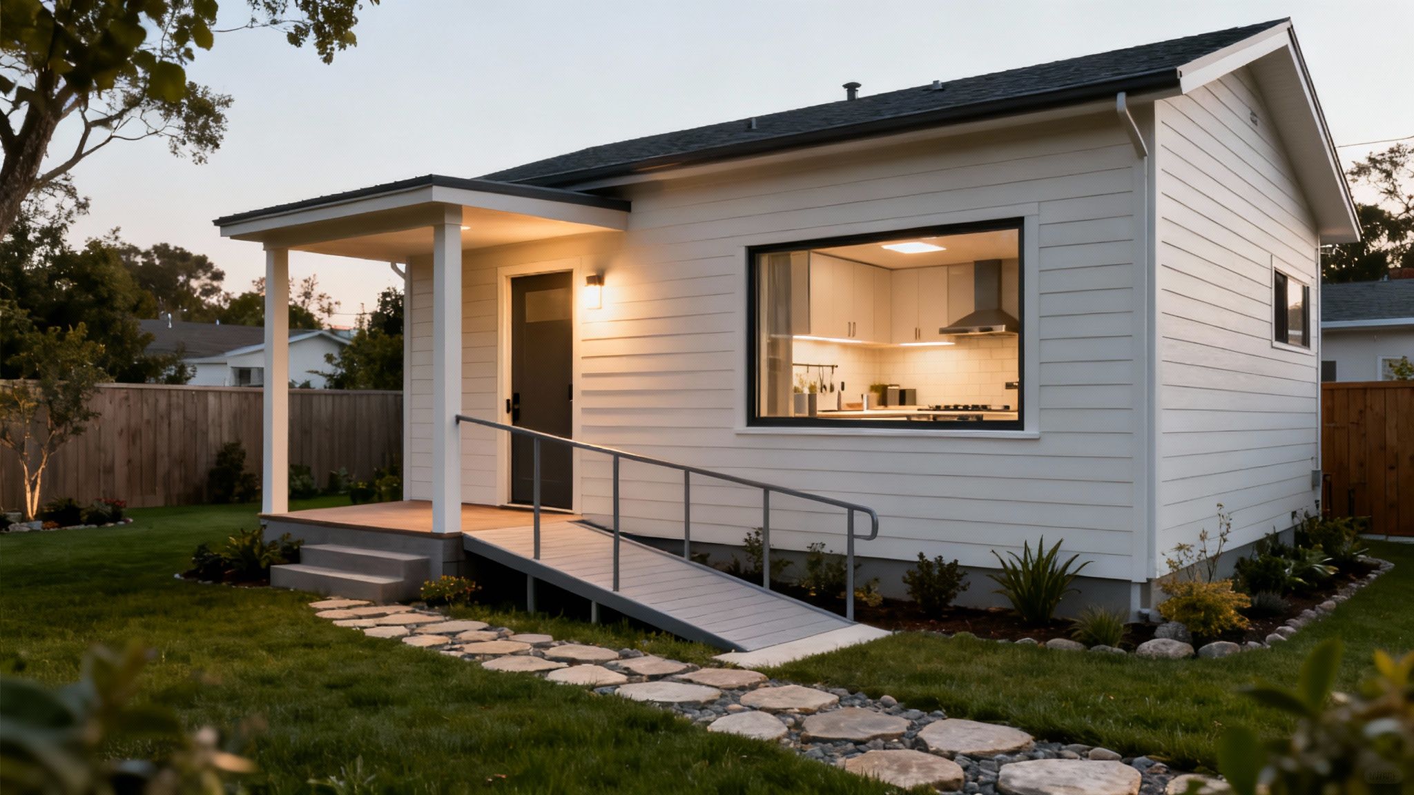 A modern and inviting ADU in a backyard setting, showing its separate entrance and living space.