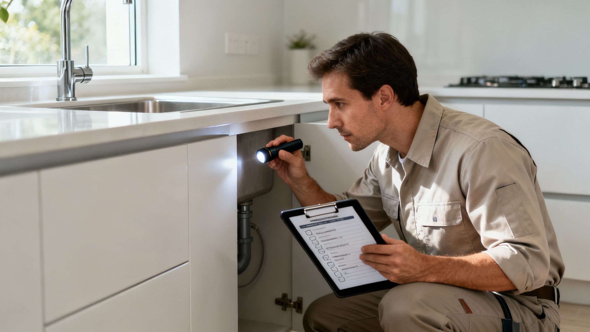 A male technician inspects under a kitchen sink with a flashlight and clipboard.