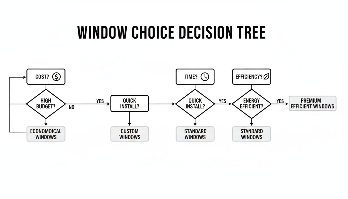 A decision tree flowchart for window choices, considering budget, installation time, and energy efficiency.