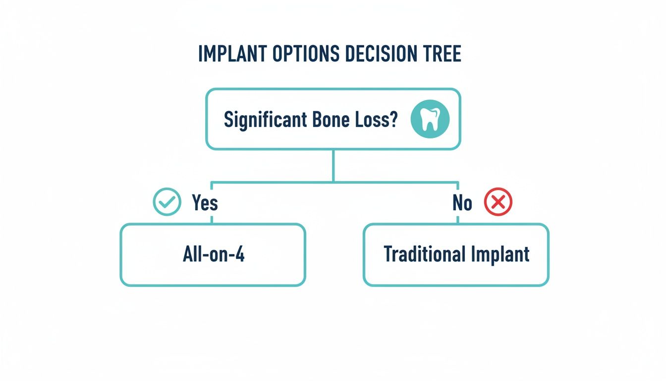 A decision tree for implant options, guiding choices based on significant bone loss.