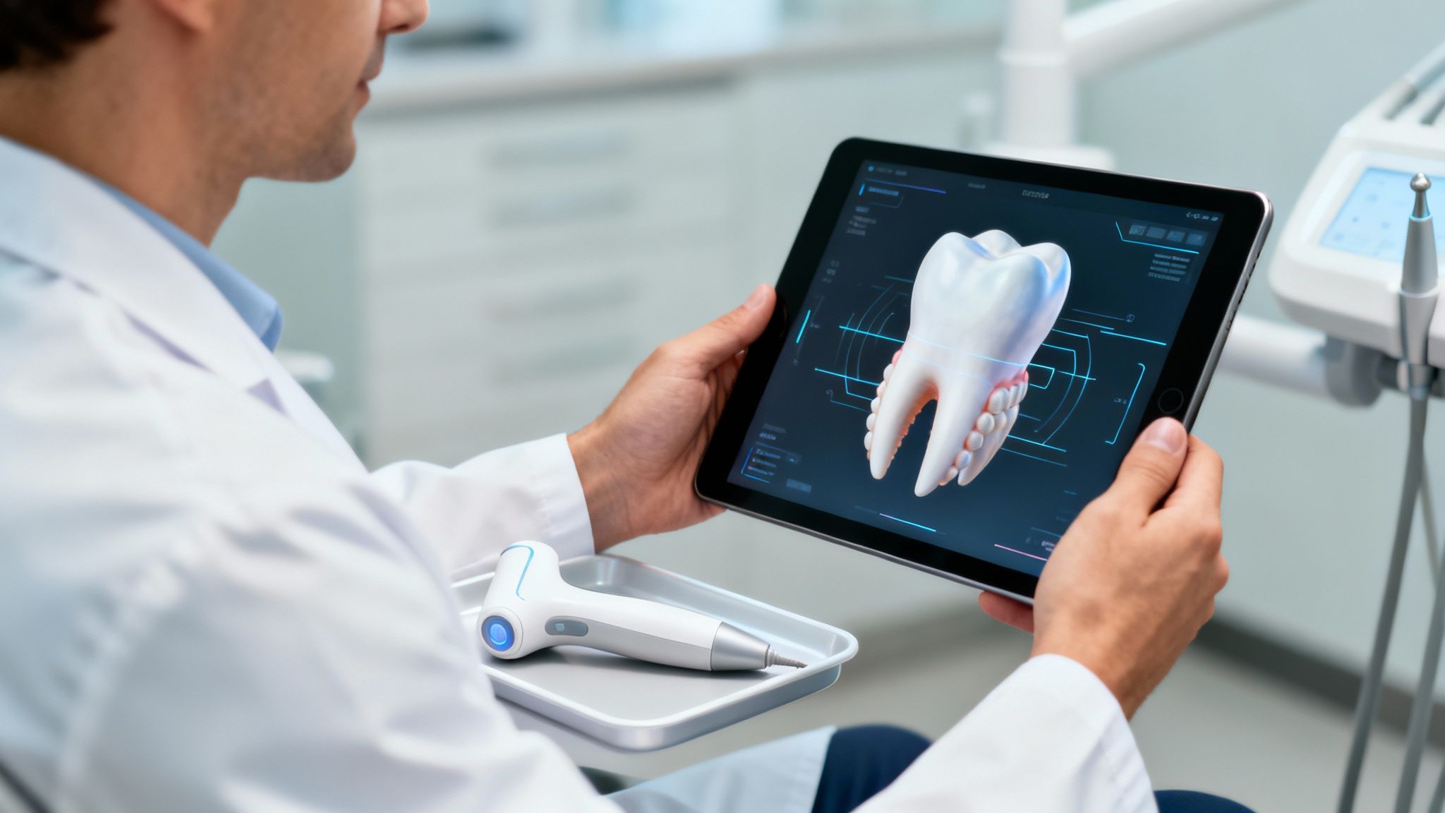 Dentist in a white coat holds a tablet displaying a 3D tooth model, alongside a dental tool.