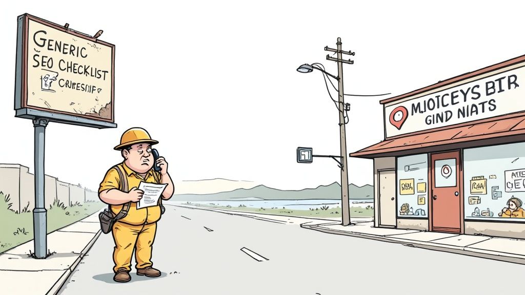 A confused contractor in a hard hat looks at a 'Generic SEO Checklist' billboard while talking on the phone.