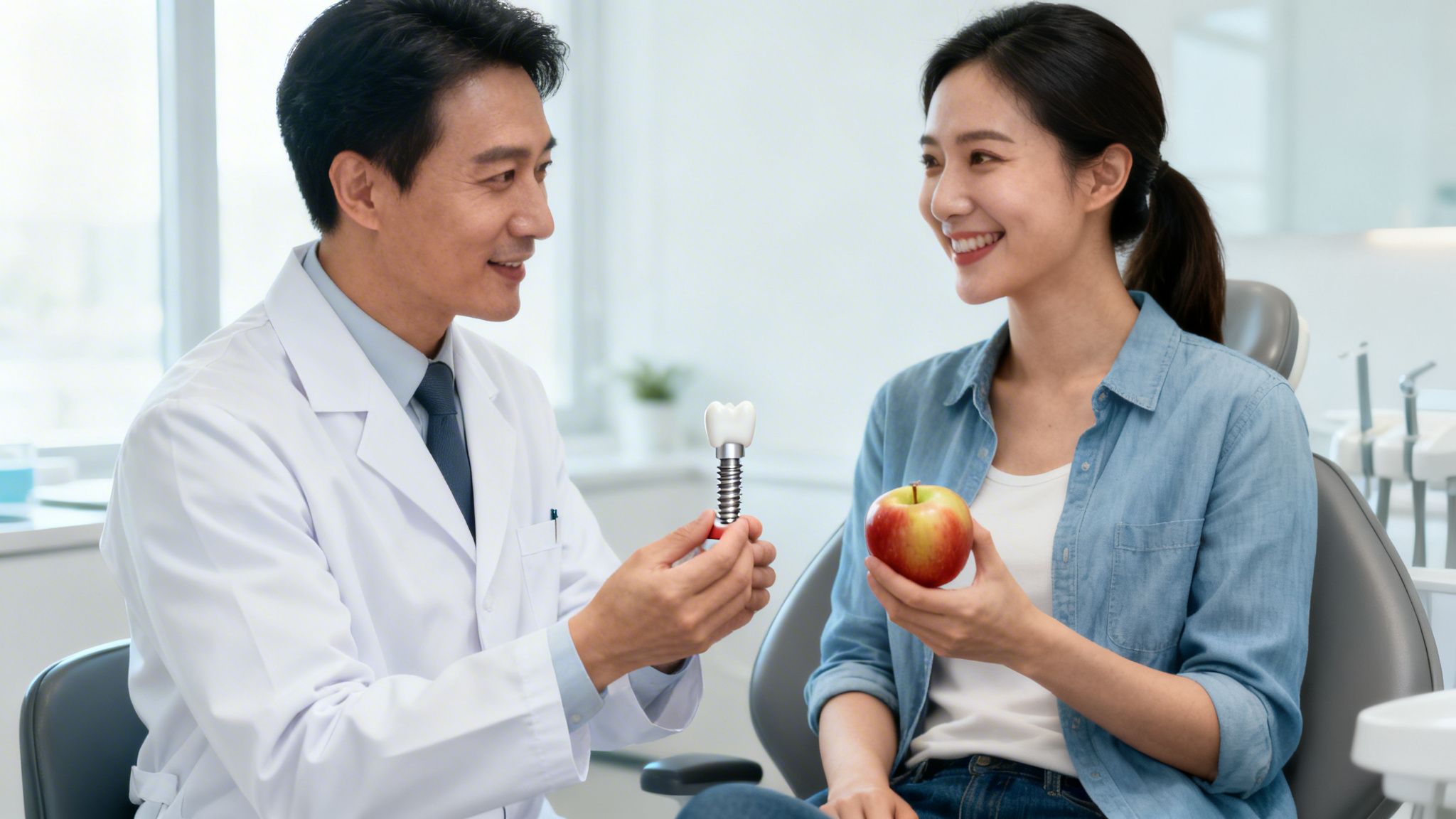 A male dentist explains a dental implant model to a smiling female patient holding an apple.