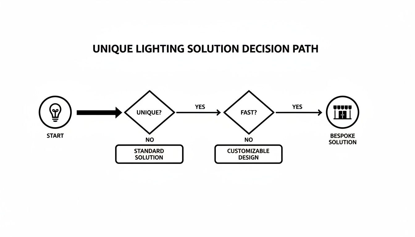 Flowchart outlining a decision path for unique lighting solutions, from standard to bespoke.