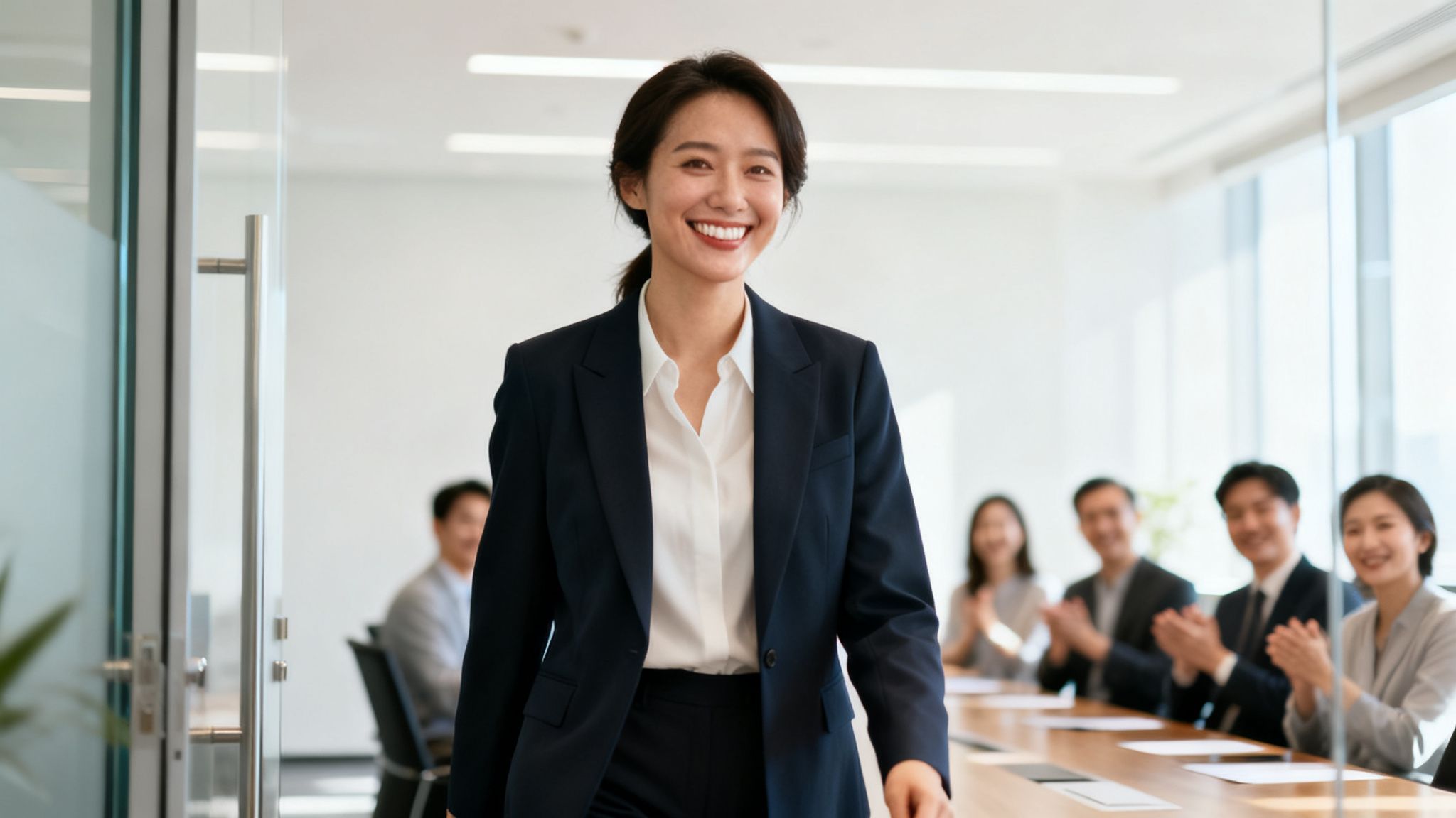 Confident Asian businesswoman smiles and walks, receiving applause from colleagues in a modern office.