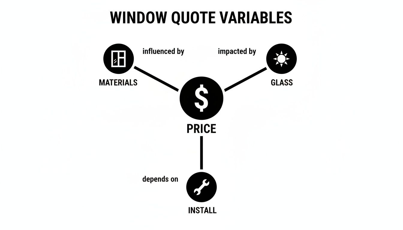 A diagram illustrating how window price is influenced by materials, glass, and installation.