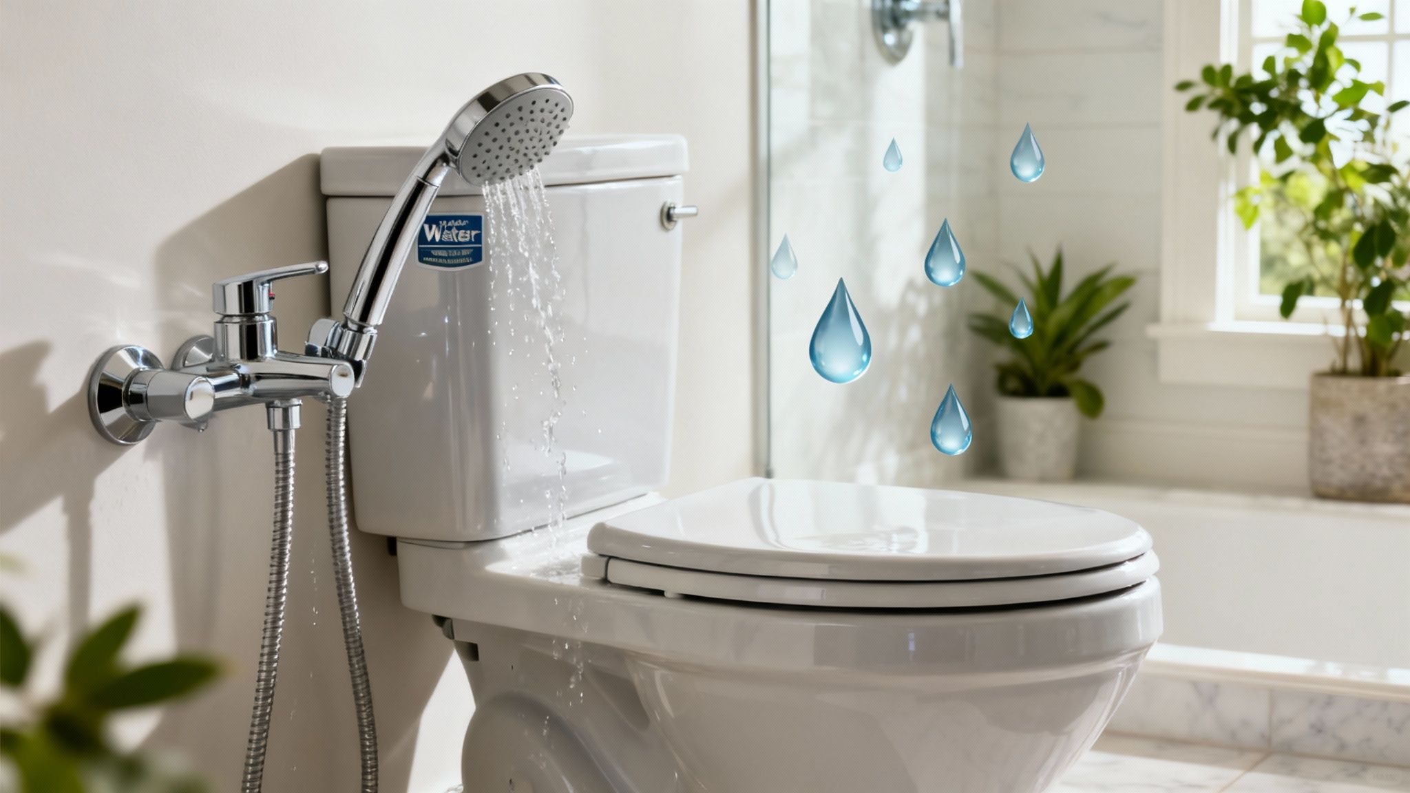 A modern bathroom with a low-flow toilet and sleek fixtures, showcasing sustainable plumbing upgrades.