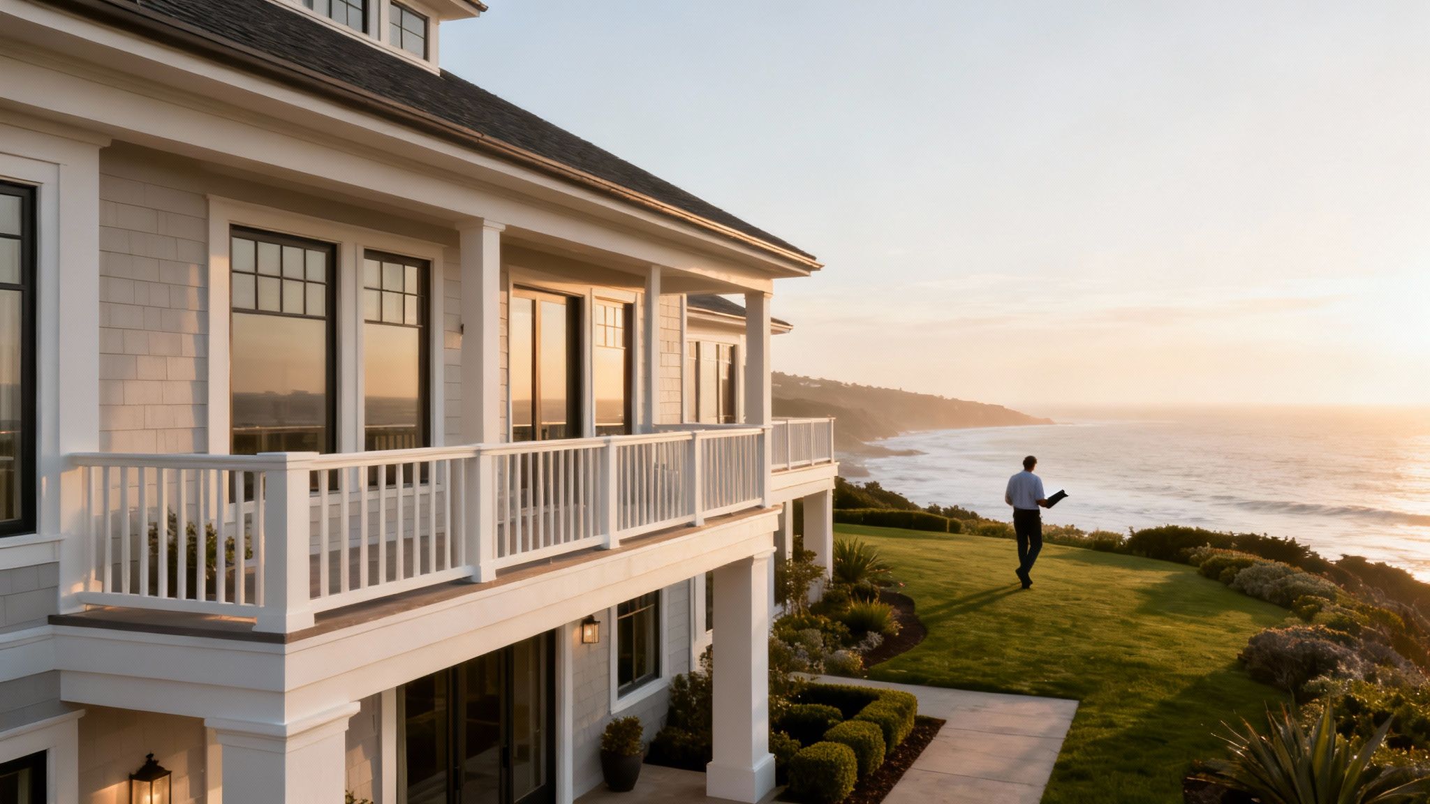 Elegant coastal home with a balcony, lush lawn, and a man walking towards the sunset ocean view.