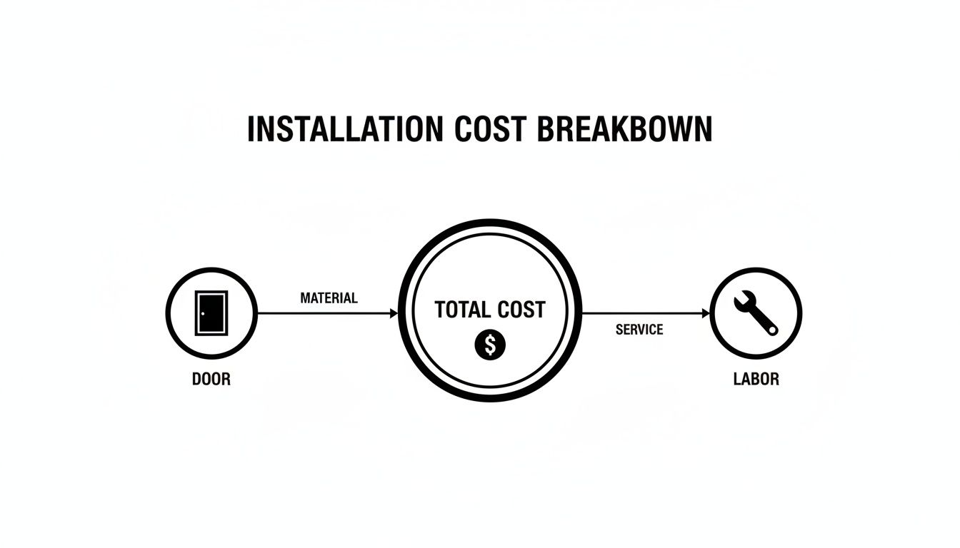 Diagram showing installation cost breakdown, illustrating total cost comprises door material and labor service.