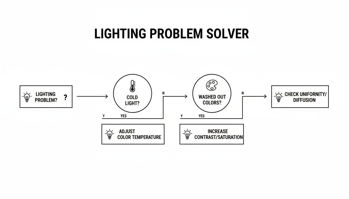 Flowchart for solving common lighting problems, addressing cold light, washed out colors, and diffusion.