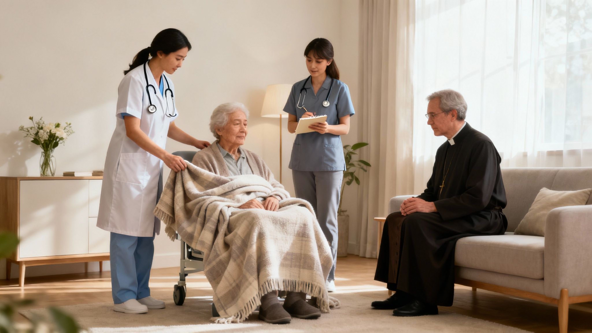 A compassionate nurse gently holds the hand of an elderly patient, offering comfort and support.