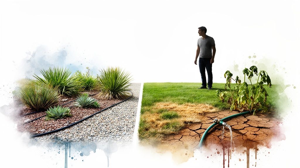 A man observes efficient xeriscaping on the left and a dry, cracked lawn with a leaky hose on the right.