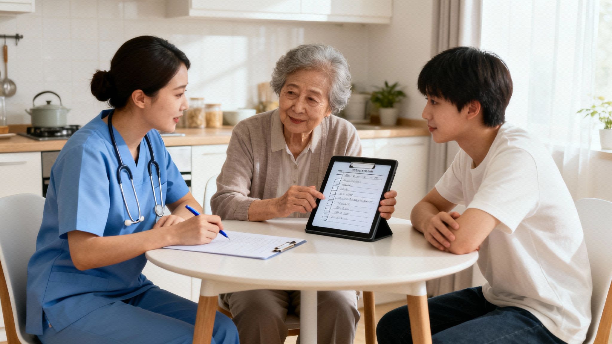 A nurse discusses a care plan on a tablet with an elderly woman and a young man at home.