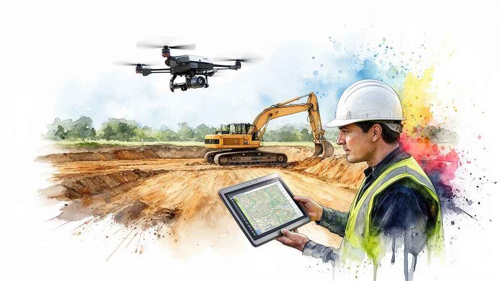 Construction worker in hard hat and vest uses tablet to monitor a drone surveying an excavation site.