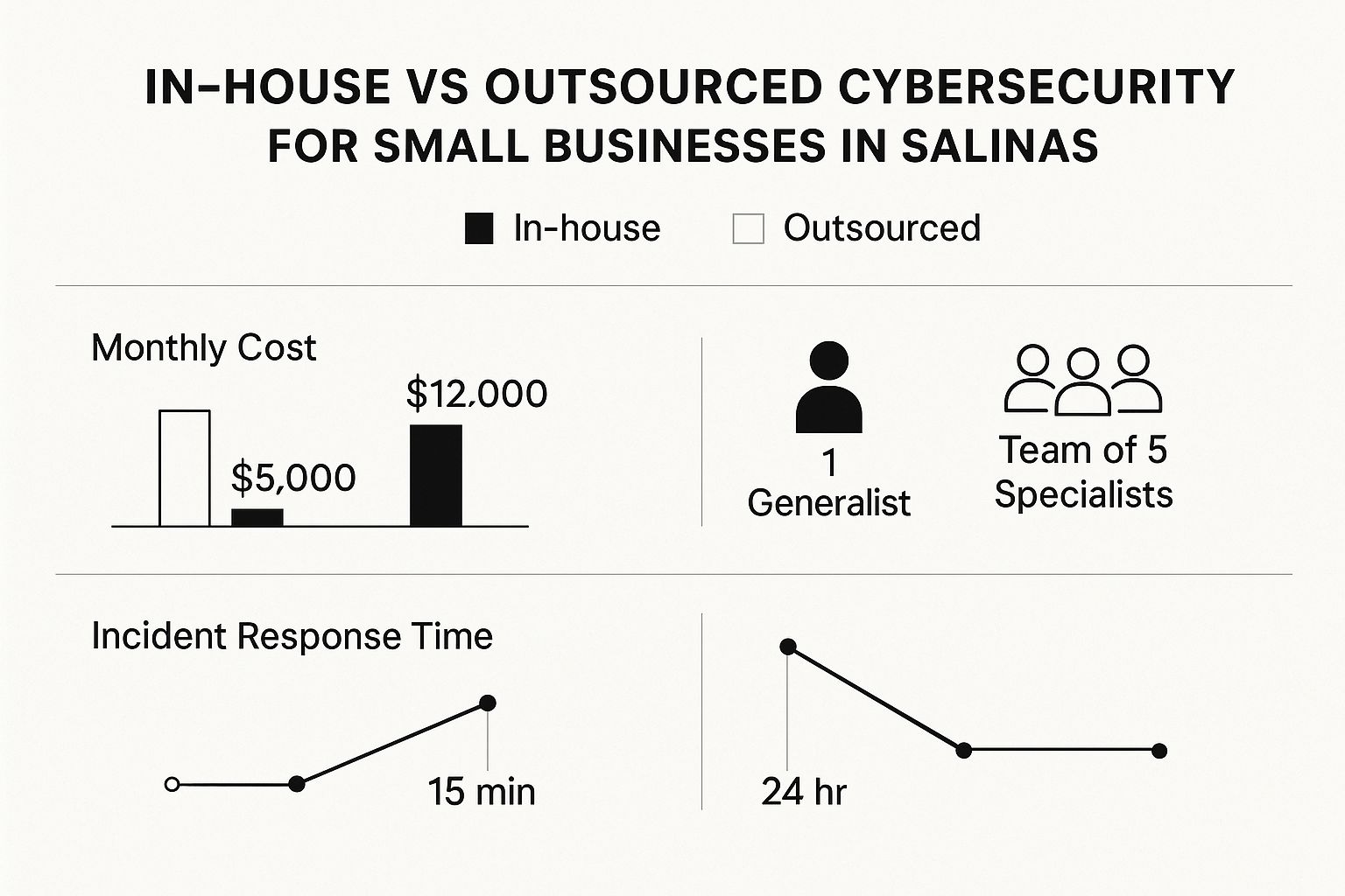 Infographic comparing the costs, expertise, and response times of in-house versus outsourced <a href=