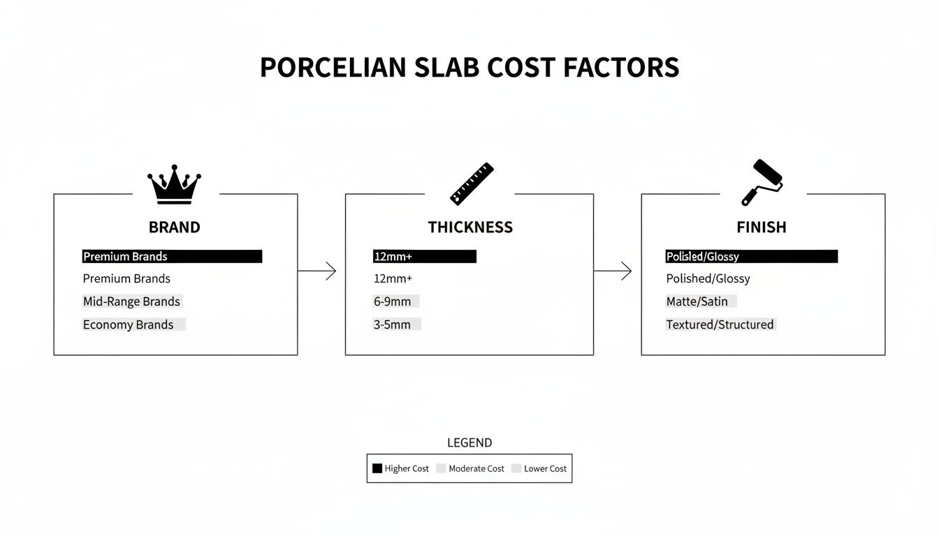Flowchart illustrating porcelain slab cost factors based on brand, thickness, and finish, with a cost legend.