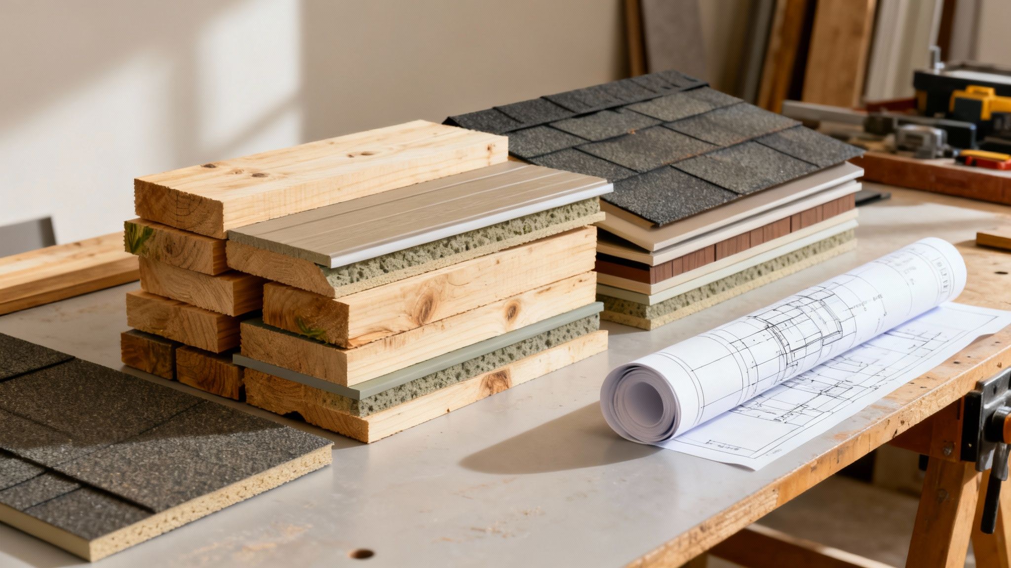 Material samples for energy-efficient construction, including wall and roof layers, on a workbench with blueprints.