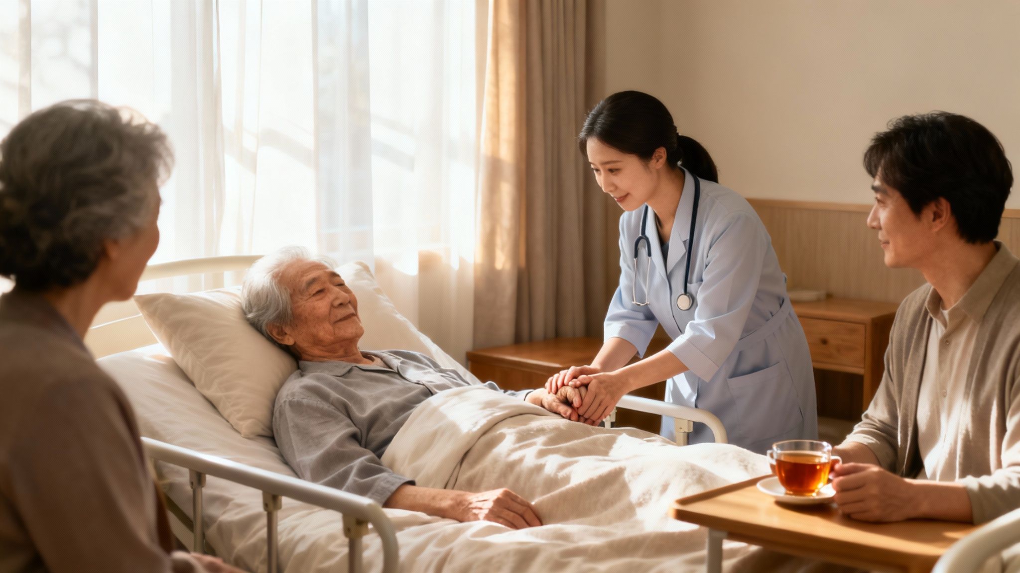 A compassionate nurse holds an elderly patient's hand, with family members observing in a bright room.