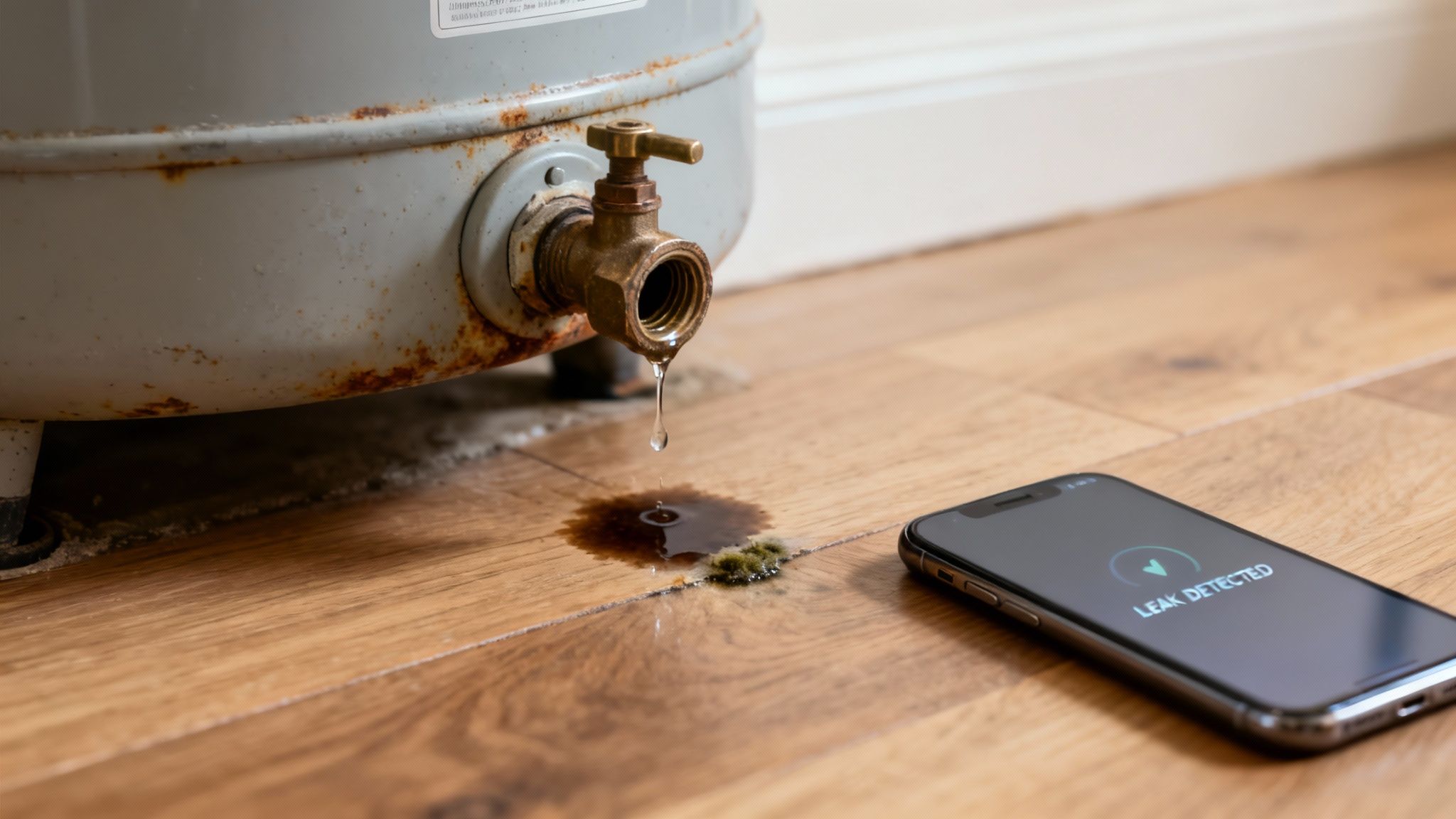 A rusty water heater is leaking water onto a wooden floor, with a smartphone displaying 'LEAK DETECTED'.