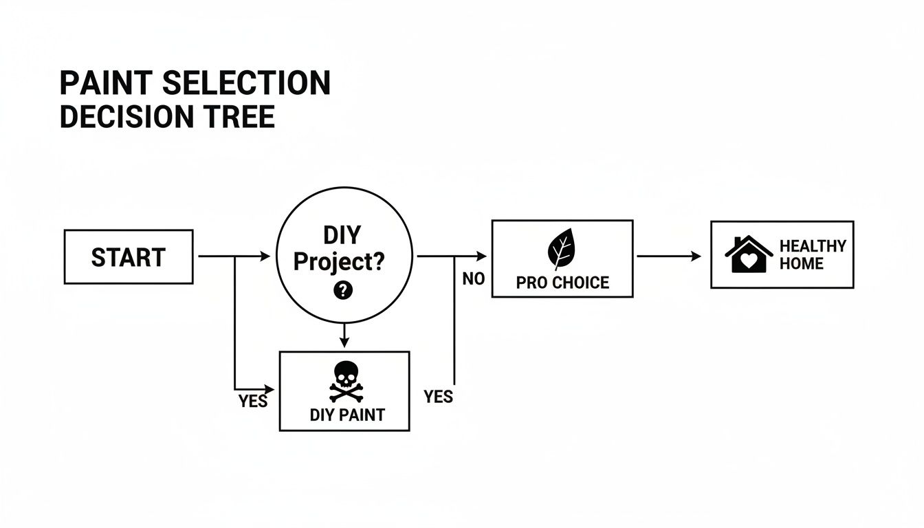 A paint selection decision tree illustrates choosing between DIY Paint (skull) and Pro Choice (leaf) for a healthy home.