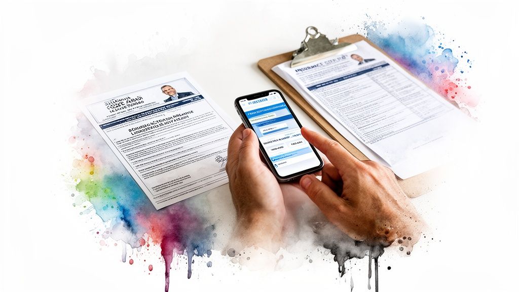 Hands holding a smartphone and interacting with digital and paper documents on a desk, adorned with watercolor splashes.