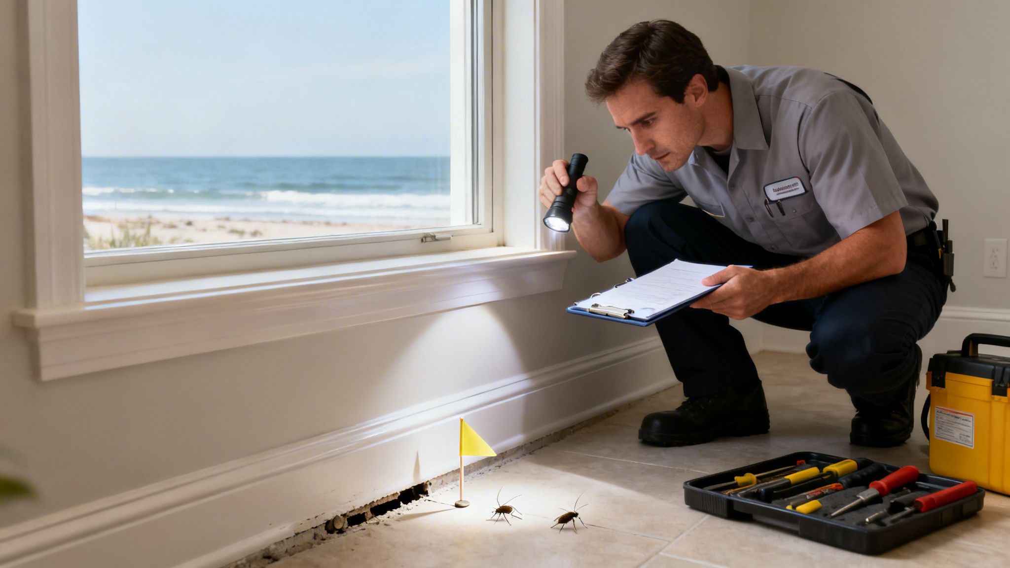 A pest control technician using a flashlight to inspect a wall for cockroaches near a window overlooking a beach.