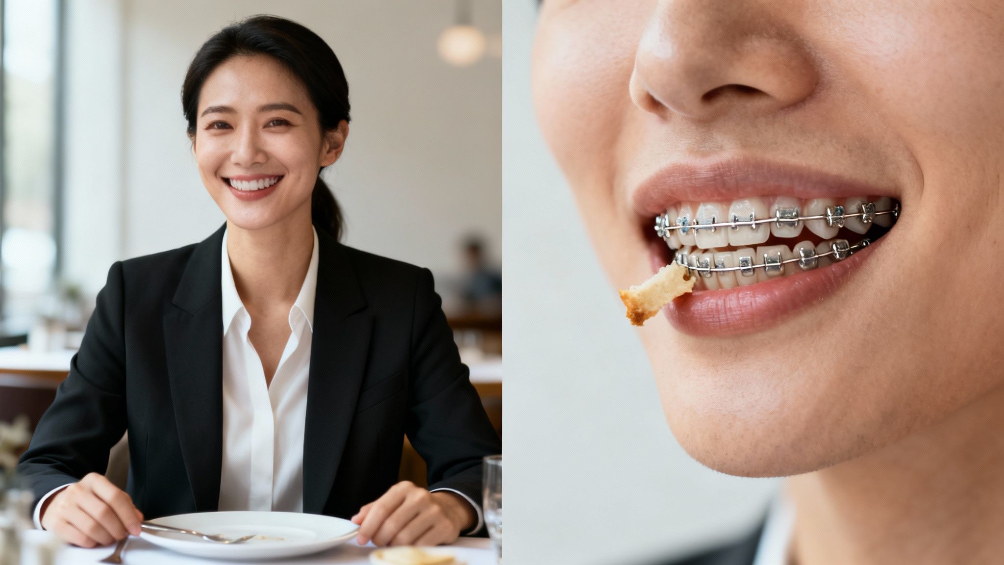 Smiling woman at a restaurant table, contrasted with a close-up of braces biting food.