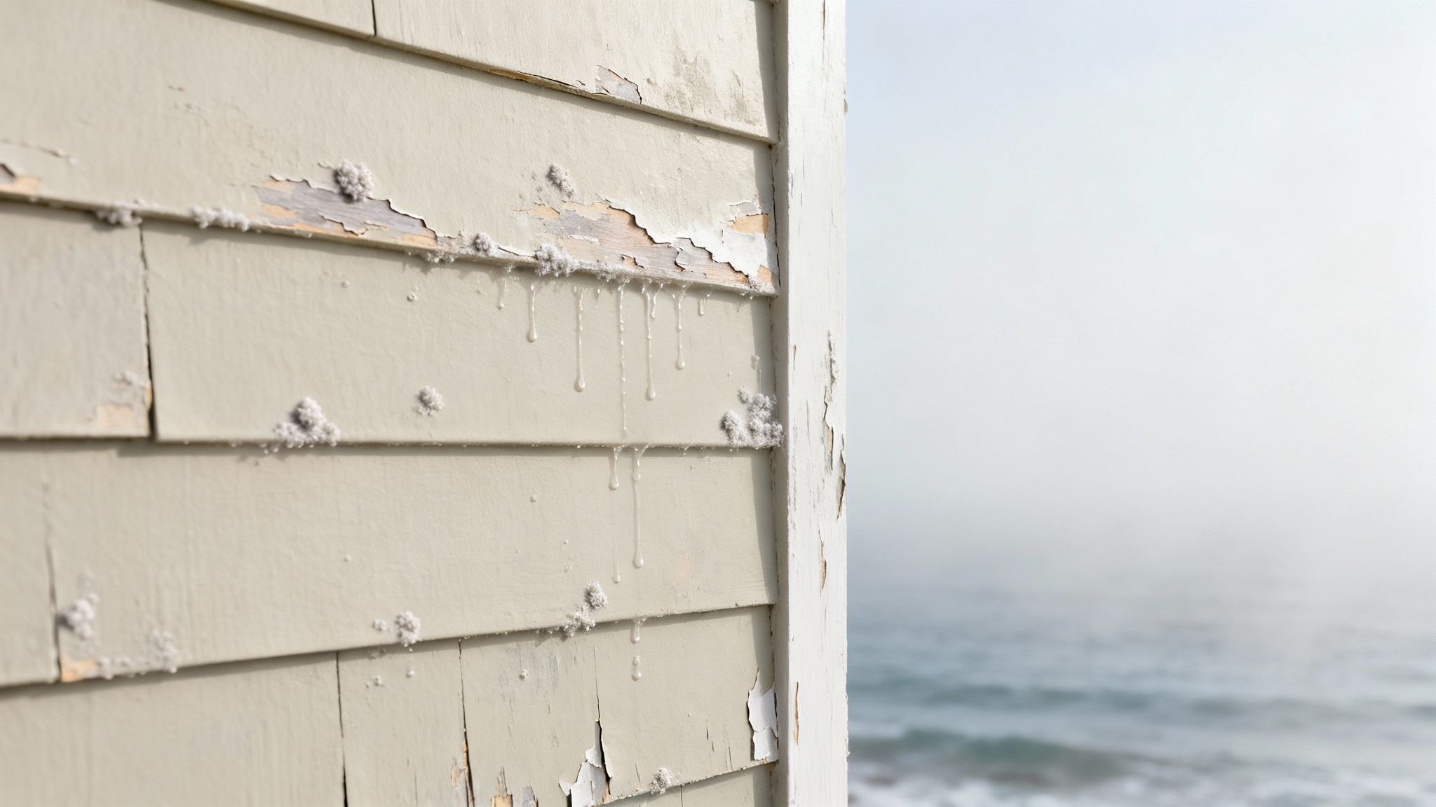 Weathered house siding with peeling paint, fuzzy growth, and liquid drips against a foggy ocean.
