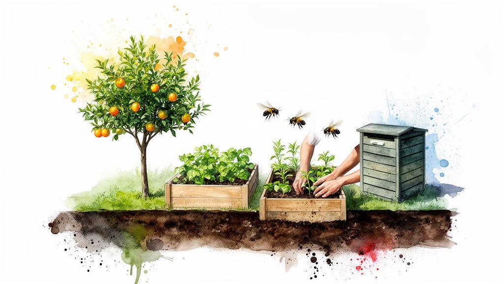 Watercolor illustration of a vibrant garden with an orange tree, raised beds, hands planting, and bees.