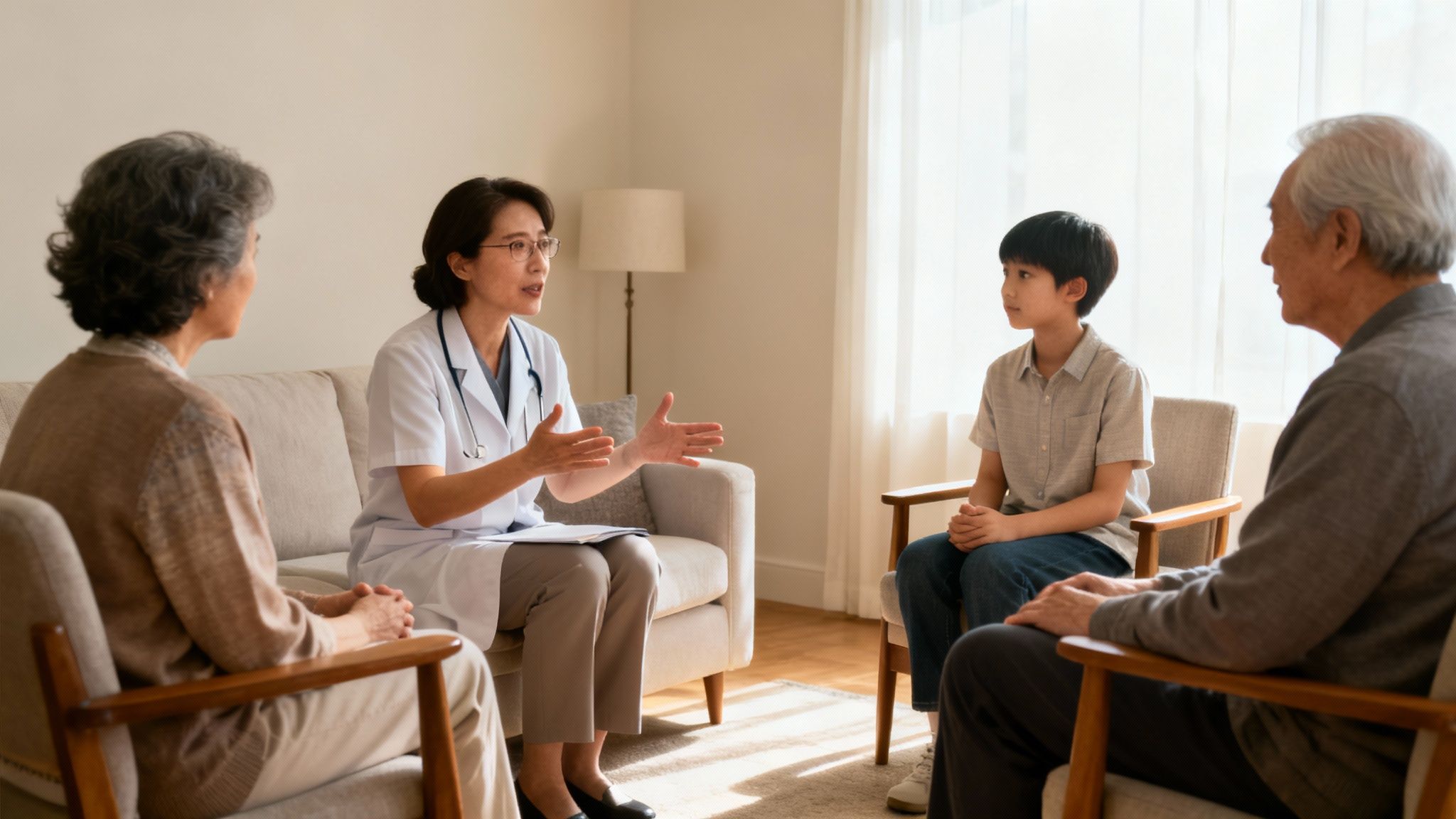 An Asian female doctor consults an elderly couple and a young boy in a home setting.