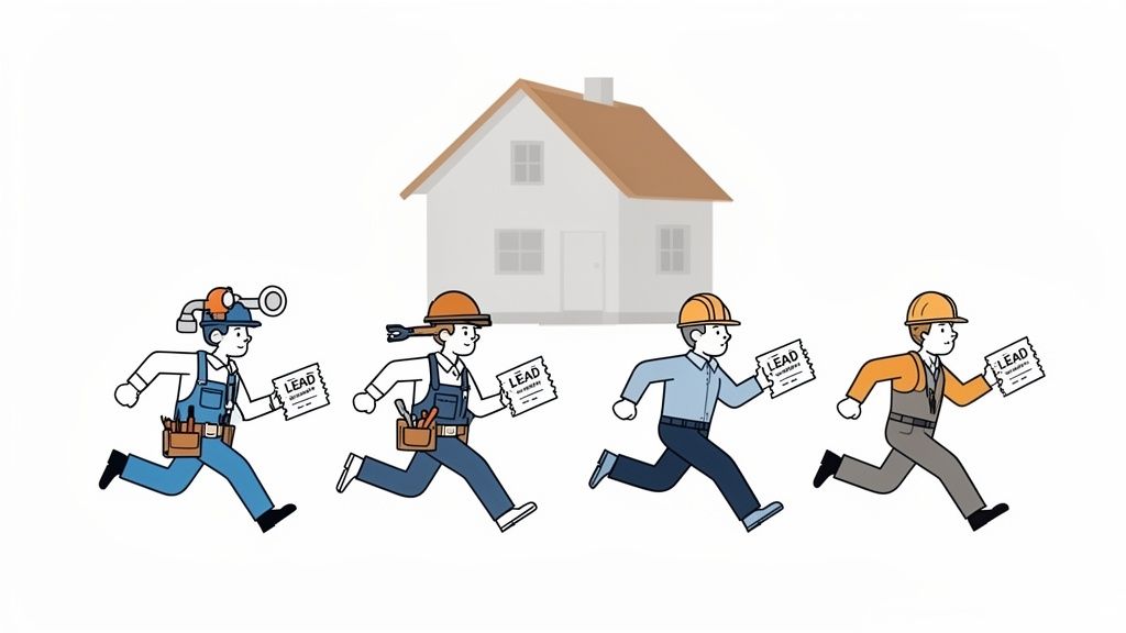 Four construction workers in hard hats run with "LEAD" papers towards a house, symbolizing lead generation.