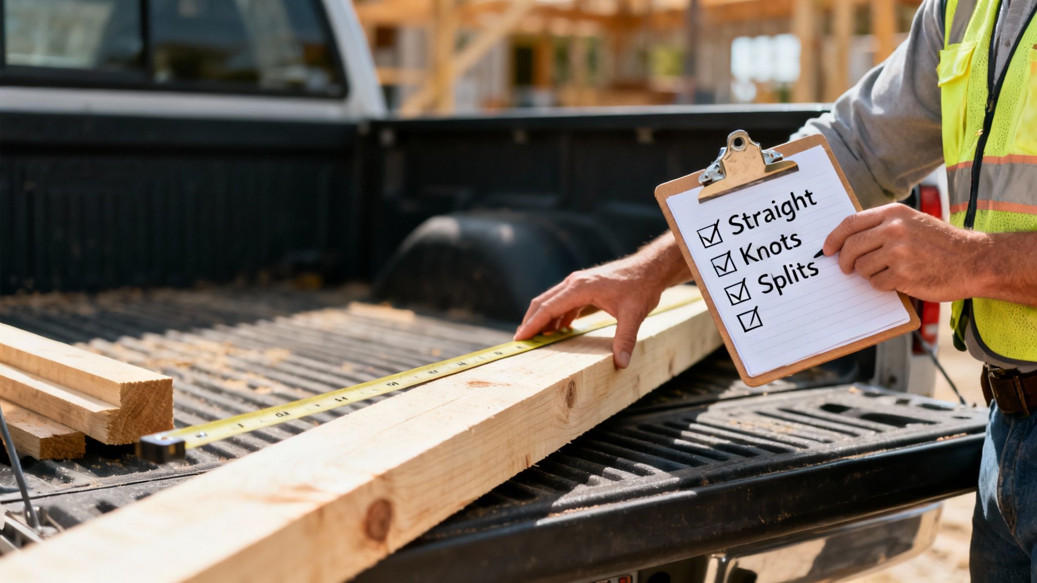 A construction worker measures a piece of lumber and checks its quality with a clipboard.