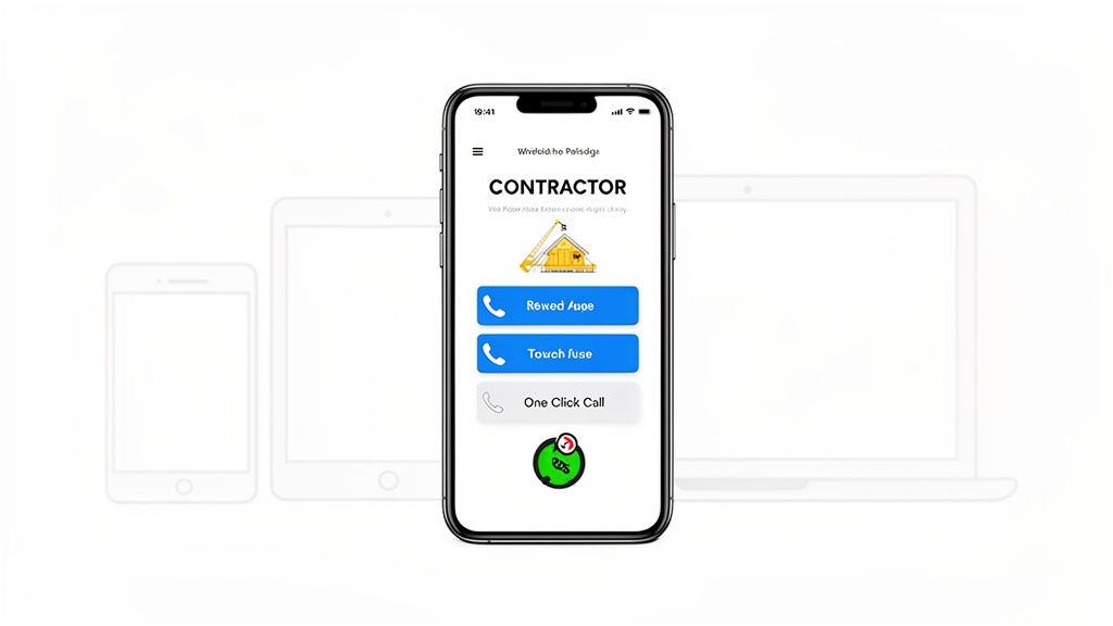 A smartphone displays a contractor app interface with options like 'Rewed fuse', 'Touch fuse', and 'One Click Call'.