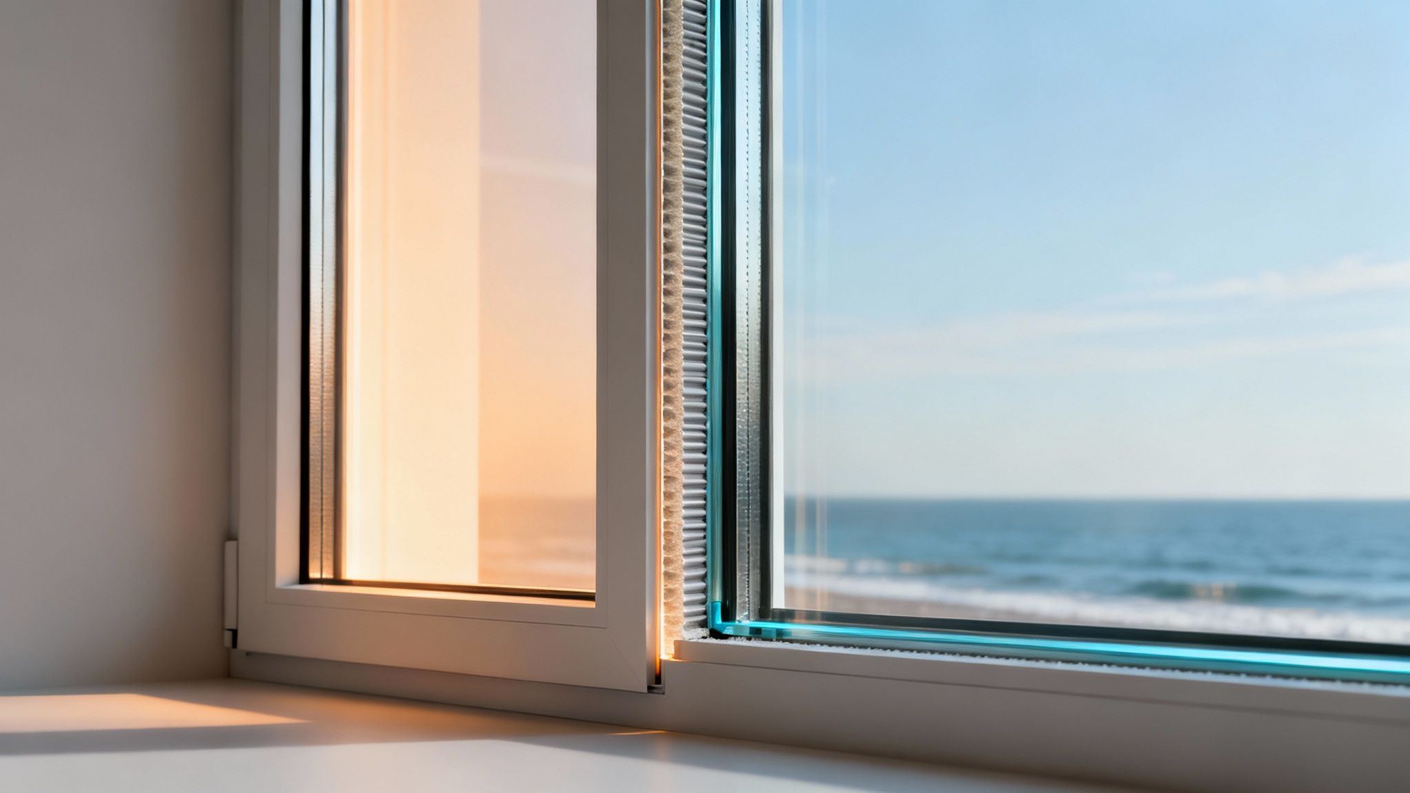 A close-up view of a modern dual-pane window showing the low-E coating.